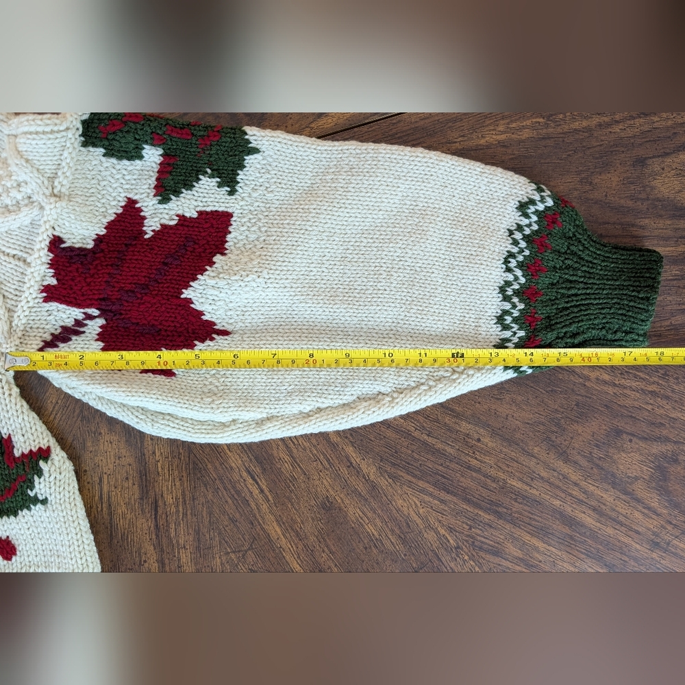 Handmade Knit Sweater, Cream w Red & Green Leaves, Crewneck Pullover Sweater - Picture 13 of 14